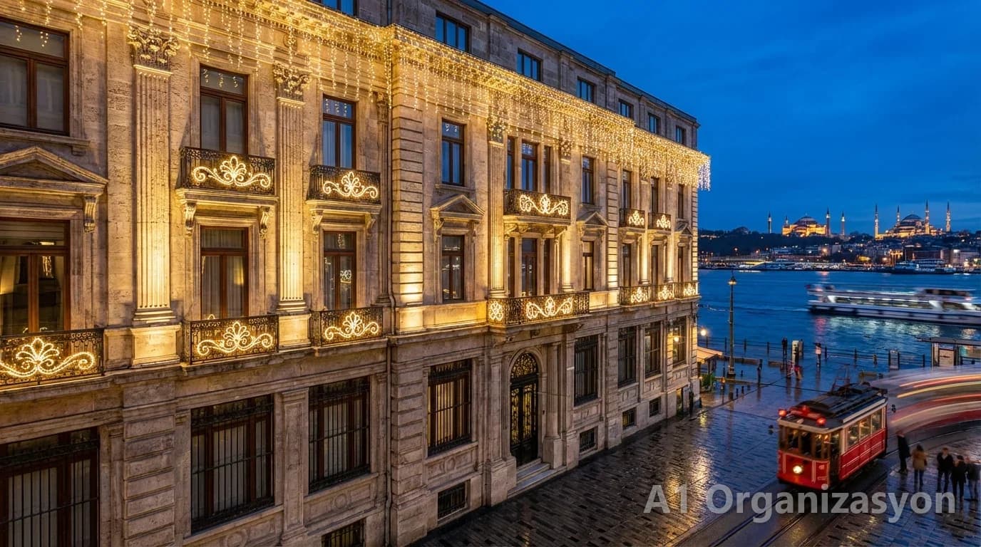 Taş cepheli tarihi binanın balkon korkuluklarında sıcak beyaz motifler, çatı kenarında sarkan saçak ışık