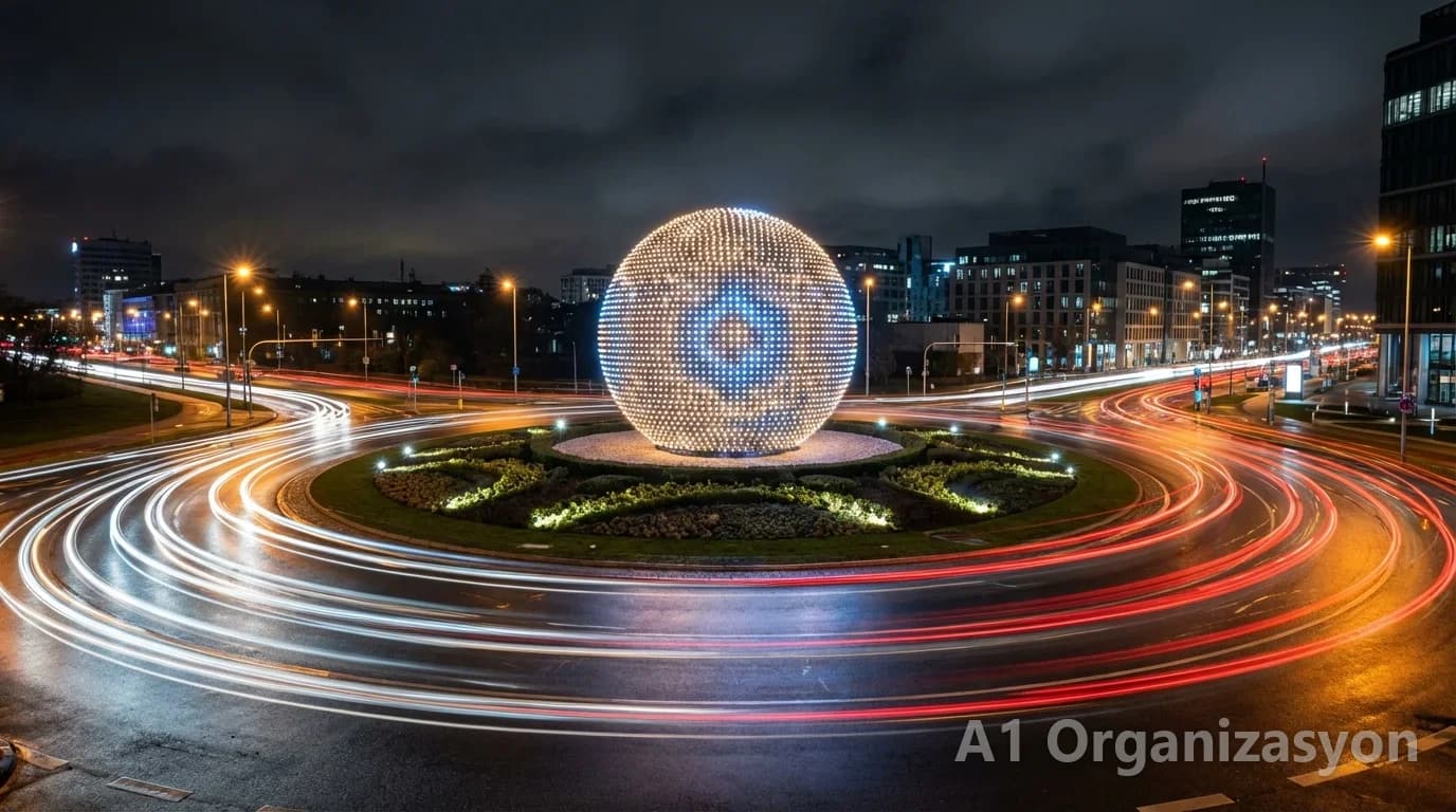 Gece dönel kavşağın ortasında sabit yanan beyaz LED kaplı dev top, çevresinde araç ışığı izleri