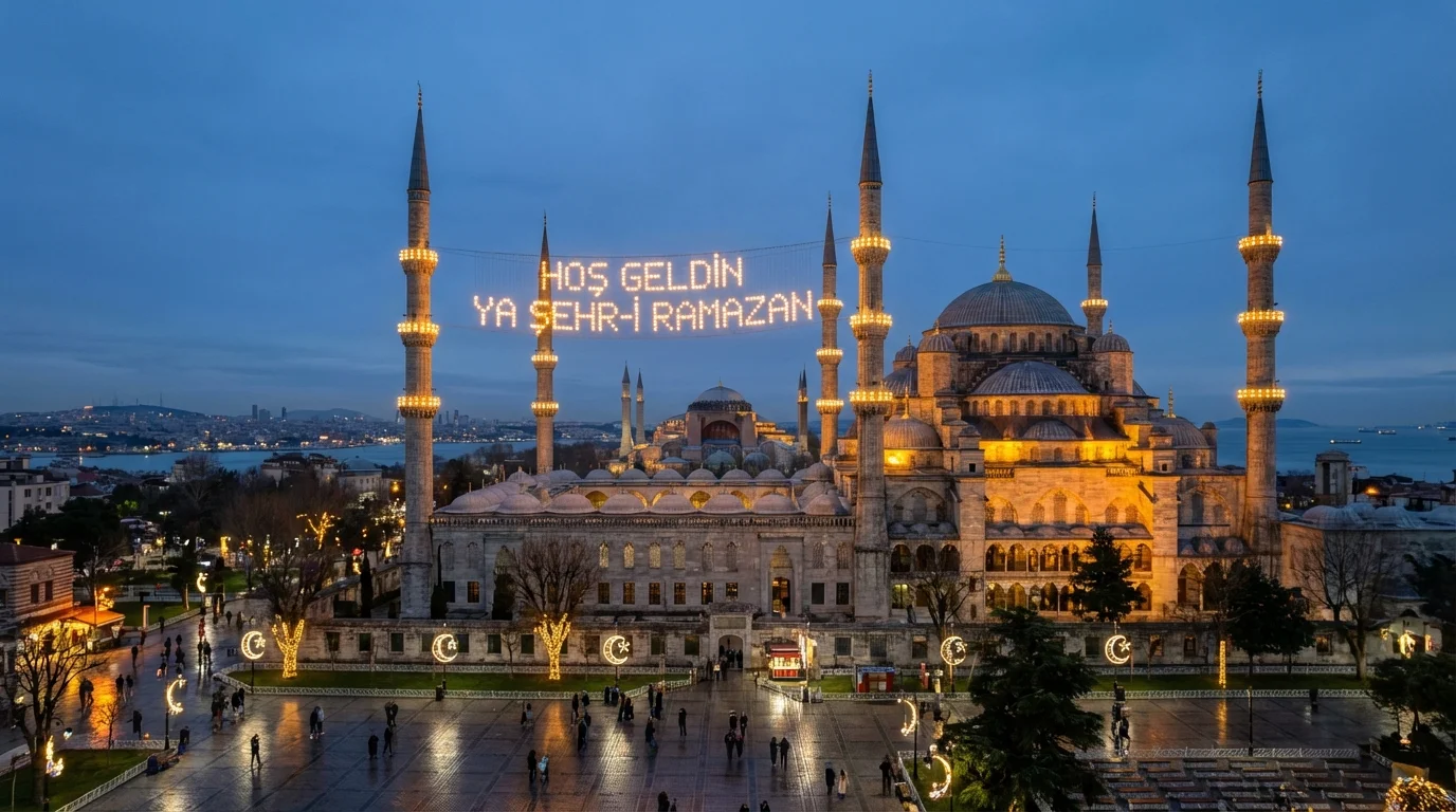 Illuminated Ramadan mahya calligraphy between mosque minarets, installed by A1 Organizasyon